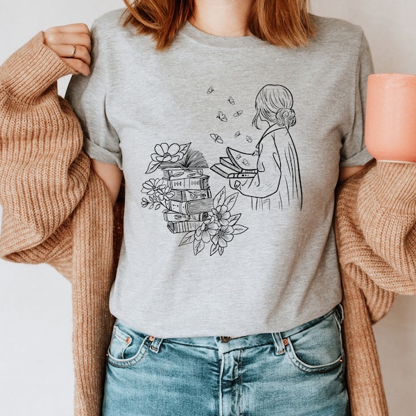 Minimalistisches florales Buch T-Shirt,Buchlieber Shirt für Lehrer,Frauen Cottagecore T Shirt Geschenk für Leser,Lesen Top für Bücherwürmer