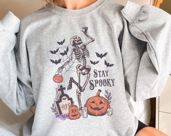 Süß Retro Alternativer Boho Halloween Sweatshirt,Grunge Spooky Unisex Pullover,Vintage Horrorfilm Grafik Shirt,Spooky Season Skelett Kürbis
