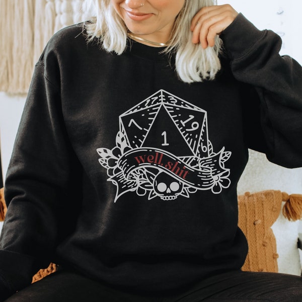 Süßer Würfel Pech Unisex Sweater,Witzig D20 Natural 1 Dice Crewneck Pullover,Dungeons Master Fan Sweatshirt Geschenk für Pen and Paper Gamer