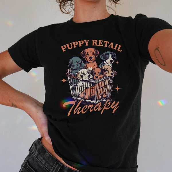 Kokett Puppy Retail Therapy Baby Tee,2000s Crop TShirt Y2K,90s Witzig Hunde Shirt,Geschenk Hundebesitzer T-Shirt Verkürzt,Cool Girl Shirt