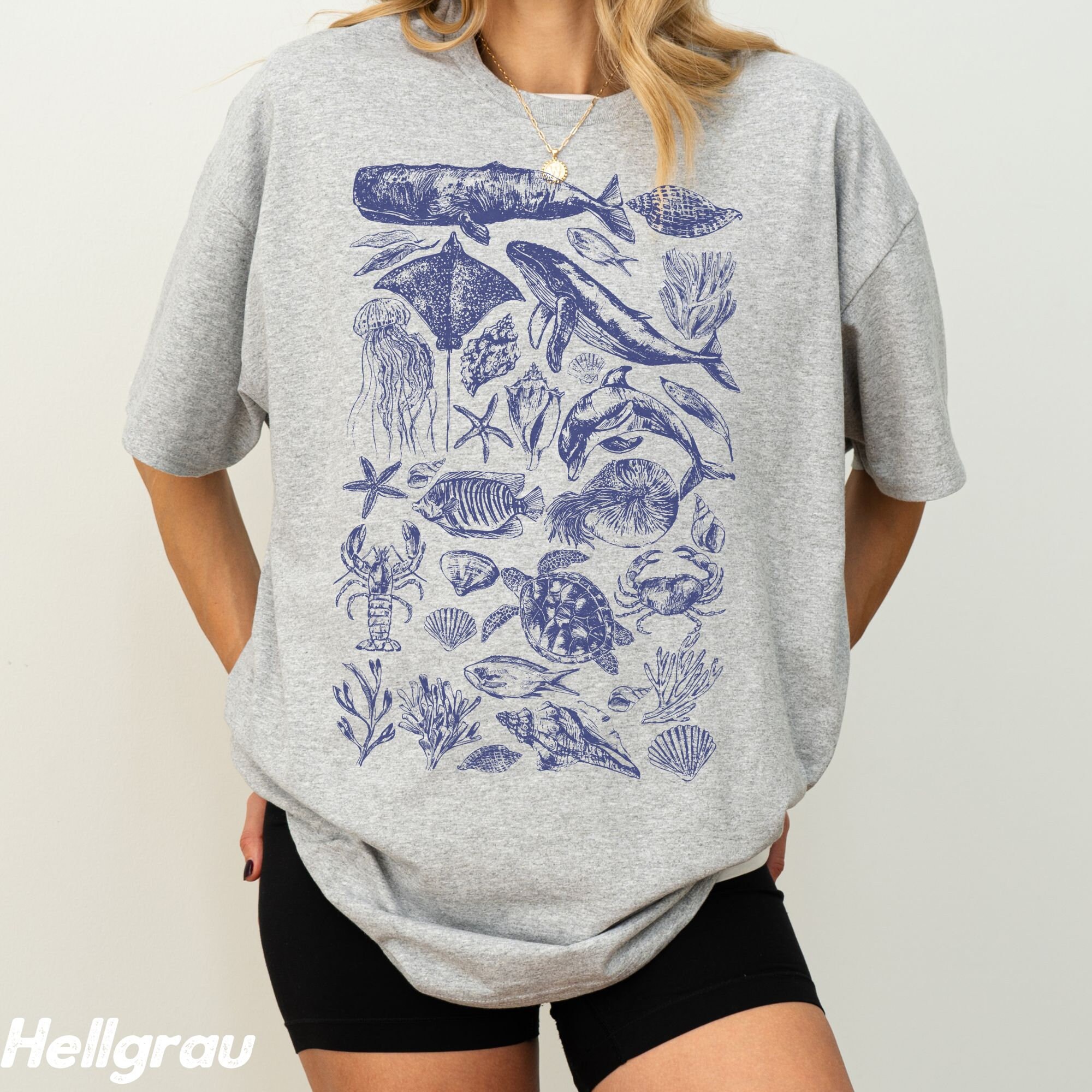 Anbech Women's Conch Shell Graphic Tee - Cute Sea Animal Short Sleeve T-Shirt, Grey