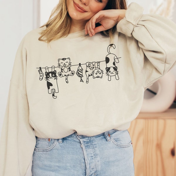 Witziger Unisex Katzen Wäscheleine Sweater, Cooler Katzenbesitzer Pullover,Boho Geschenk Katzen Lover,Crewneck Sweatshirt süßes Katzenmotiv