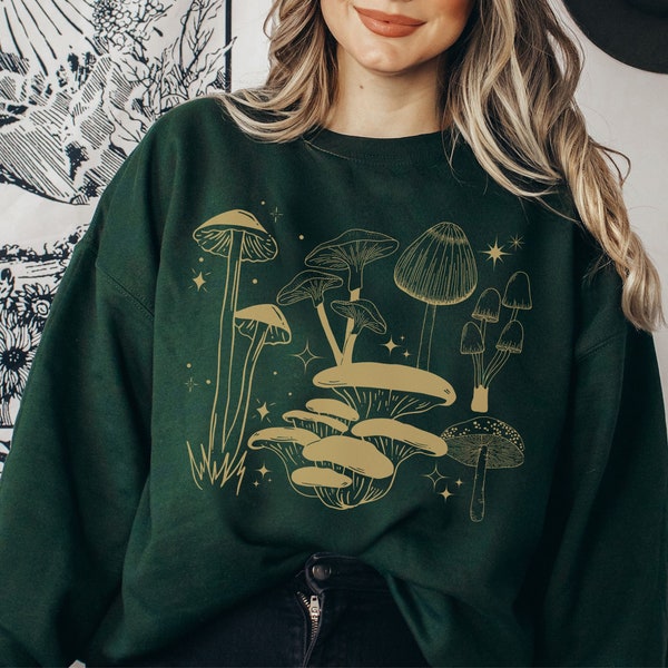 Süßes Vintage Look Cottagecore Pilze Sweatshirt,Mushroom Illustration Pullover Geschenk,Botanisches Forestcore Top im Retrolook Unisex