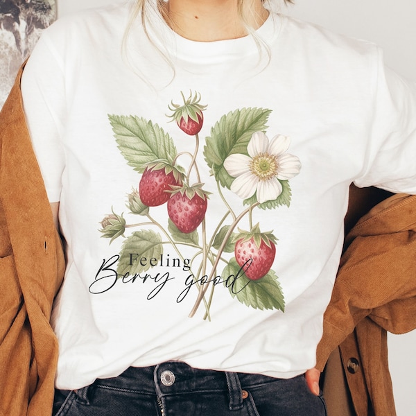 Süßes Vintage Strawberry Cottagecore T-Shirt,Erdbeeren TShirt Geschenk für Fairycore Fans,Botanisches Forestcore Top im Retrolook für Damen