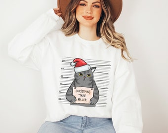 Pull de Noël de chat mignon, chat de pull de Noël, pull drôle de tueur d’arbre de Noël, fan de propriétaire de chat de cadeau de mode de vacances
