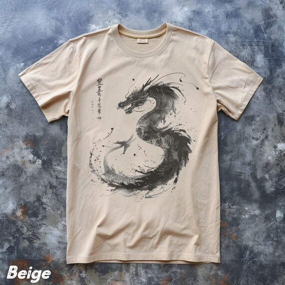Retro Ink Art Dragon T-shirt Unisex,japan Kanji Print Shirt