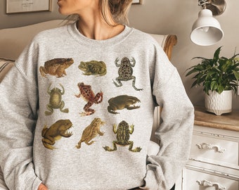 Süßes Vintage Look Cottagecore Frosch Sweatshirt,Frösche Kröte Illustration Pullover Geschenk,Botanisches Forestcore Top im Retrolook Unisex