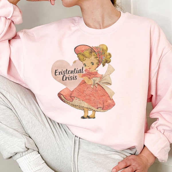 Retro Kitsch Existential Crisis Unisex Pullover,Vintagegrafik Witzig Edgy Sweater mit Mädchen,Vintagelook süßes Grafik Crewneck Sweatshirt