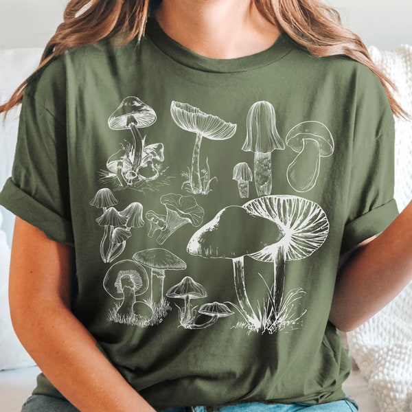 Süßes Vintage Look Cottagecore T-Shirt,Mystisches Pilze TShirt Geschenk für Fairycore Fans,Botanisches Forestcore Top im Retrolook für Damen