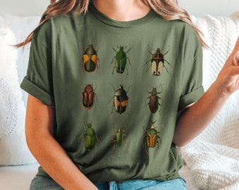 Süßes Vintage Look Cottagecore T-Shirt,Käfer Illustration TShirt Geschenk für Fairycore Fans,Botanisches Forestcore Top im Retrolook Damen