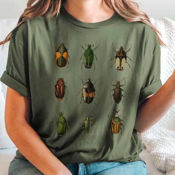 Cute vintage look cottagecore t-shirt, beetle illustration t-shirt gift for fairycore fans, botanical forestcore top in retro look for women