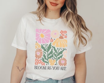 Buntes Florales Retro Matisse Unisex T-Shirt,Boho Abstrakt Pflanzen Aufdruck,süßes groovy Blumen Shirt mit Motivational Spruch Pastell