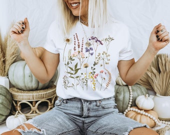 Trockenblumen Tshirt,Gepresste Boho Blumen T Shirt,Wildblumen Cottagecore T-Shirt,Vintagelook Botanisches Florales Shirt,Romantisches Shirt