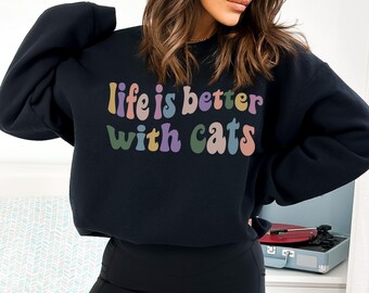 Groovy Colorful Unisex Crewneck Sweater Wavy Life Is Better With Cats,Cat Owner Sweater,Boho Gift Cat Lover Sweatshirt Jumper