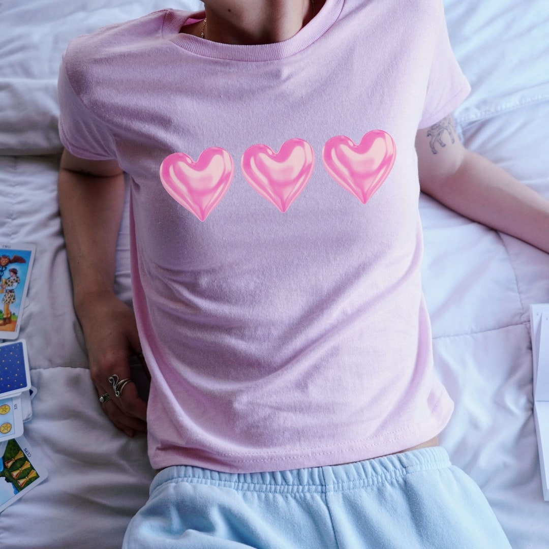 Flirty Chrome Heart Baby Tee,2000s Cropped T-shirt Y2K Style, Coquette ...