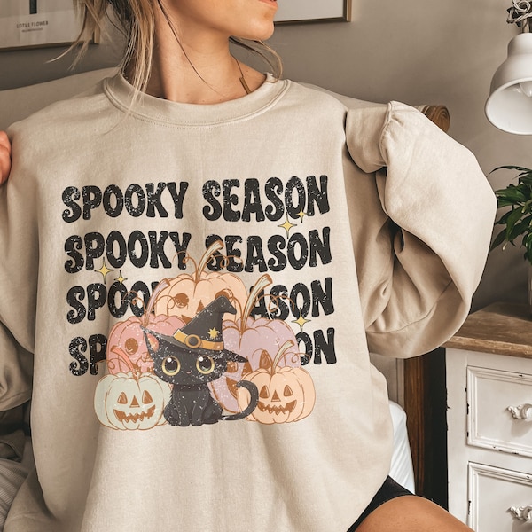 Süßes Retro Alternativer Boho Halloween Sweatshirt,Grunge Spooky Unisex Pullover,Vintage Horrorfilm Grafik Shirt,Spooky Season Katze Kürbis