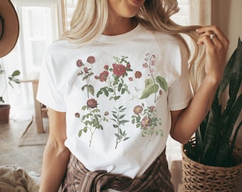 Süßes Vintage Look Cottagecore T-Shirt,Mystisches Wildblumen TShirt Geschenk für Fairycore Fans,Botanisches Forestcore Top im Retrolook