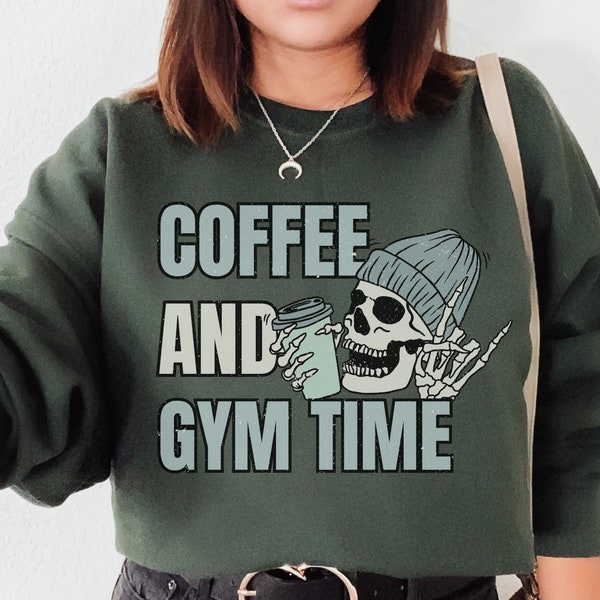 Unisex Kaffee & Gym Time Sweatshirt,Witziges Geschenk für Fitness Junkies,Retro Graphic Shirt, Alternativer Goth Sweater Workout Sport Fans