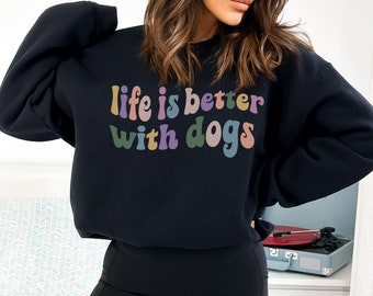 Groovy Colorful Unisex Crewneck Sweater Wavy Life Is Better With Dogs, Dog Owner Sweater, Boho Gift Dog Lover Sweatshirt Jumper