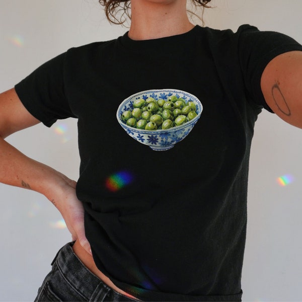 Olive Schüssel gemalt Baby T-Shirt, Trendy Frauen Tshirt, Retro 90er Jahre Cropped Grafik T-Shirt,Coastal Sommer Baby Tee für sie Gah Oliven