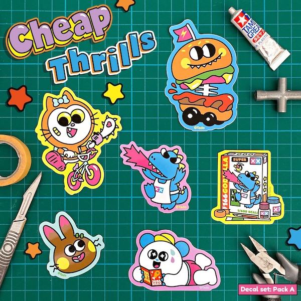 Cheap Thrills Decal Pack A: Cute Illustration Vinyl Stickers by Tado - BMX Cat - Big Burger - Model Kit - Fast Food - Godzilla - Rabbit