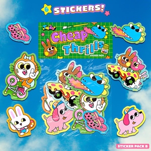 Pack B d'autocollants pas chers : 6 autocollants en vinyle mignons illustrés par Tado - un chat BMX - des crocs - Godzilla - un chiot - un lapin blanc - un hot-rod à pizza