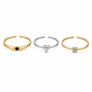 Set van 3 verstelbare ringen van 925 sterling zilver, bestaande uit een hartvormige en een solitaire ring.