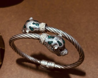 Panther Head Cuff Bracelet | Twisted Cable Bangle for Men & Women | Jungle Cat Jewelry | Wild Animal Silver Bracelet | Safari Style