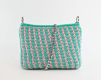 Small pink and turquoise crochet bag, handmade, with lining, zipper and long chain, to wear as a shoulder bag or crossbody bag.