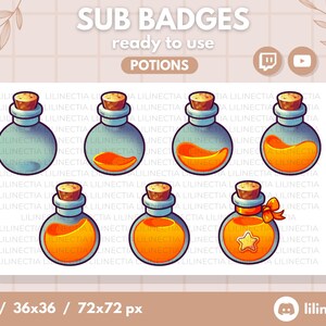 May include: A set of eight digital badges featuring cartoon potion bottles in various stages of being filled with orange liquid. The badges are available in three sizes: 18x18 pixels, 36x36 pixels, and 72x72 pixels.