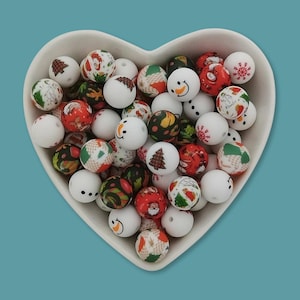 15mm Christmas Print Silicone Round Beads : SnowmanBeads,Santa Claus Beads,Xmas Ornament DIY