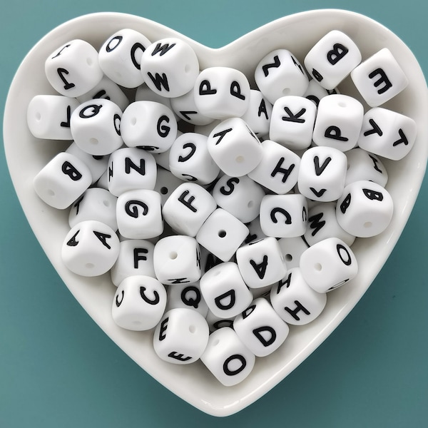 Perle alphabet en silicone de 12 mm, perle de silicone en vrac, perle de lettre en silicone en gros