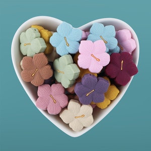 May include: A collection of colorful silicone flower-shaped beads in a white heart-shaped bowl. The beads are in various shades of pink, purple, blue, green, brown, and red.