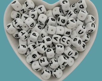 10mm White Silicone Alphabet Beads, Square A to Z  Letter Beads,For Jewelry Making