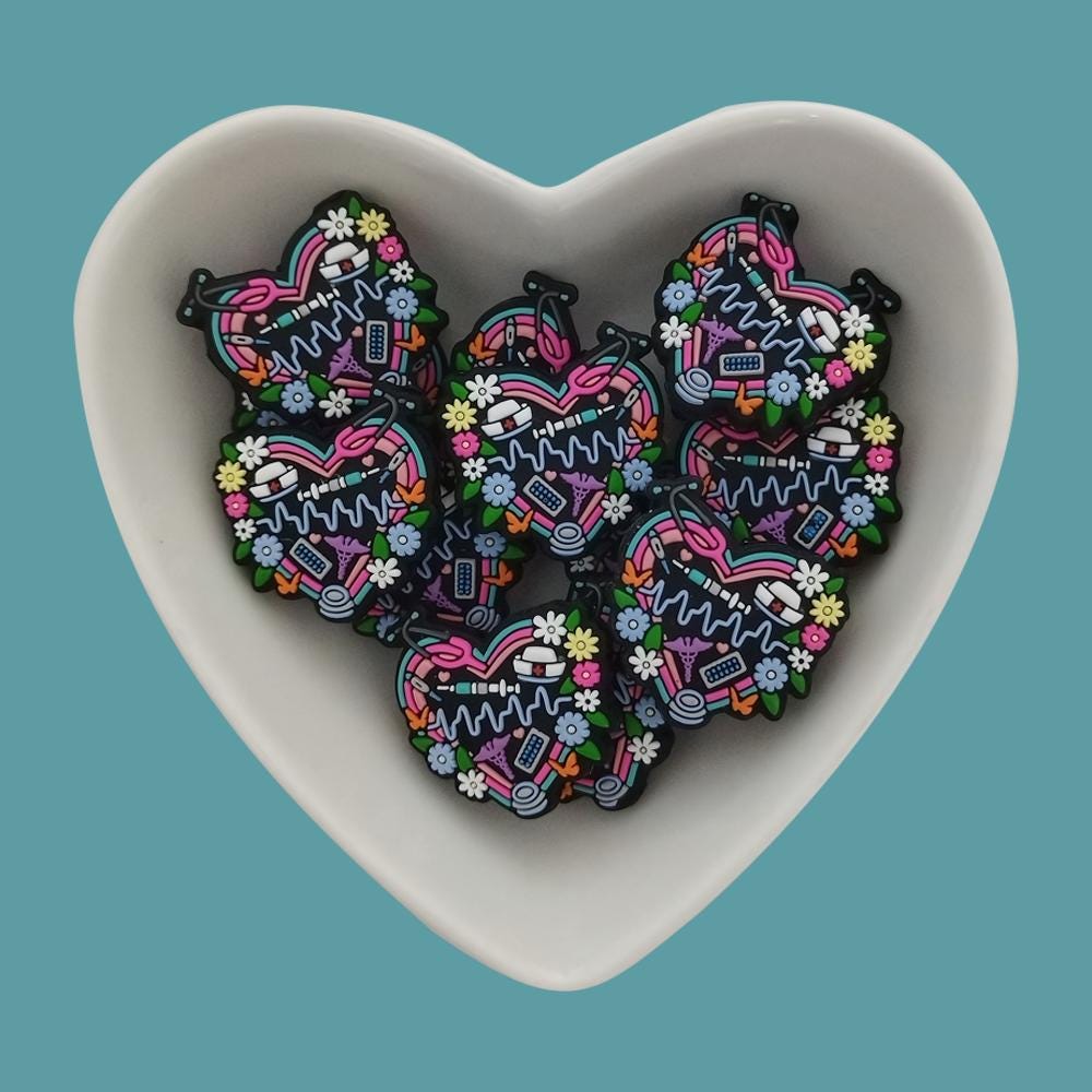 Nurse Heart  Silicone Focal Bead, RN Silicone Beads,Nursing Focal Beads, Bulk Silicone  Beads