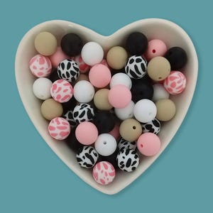 Cow Print Silicone Beads 15mm: Food Grade, Mixed Colors, Bulk (30pcs/60pcs