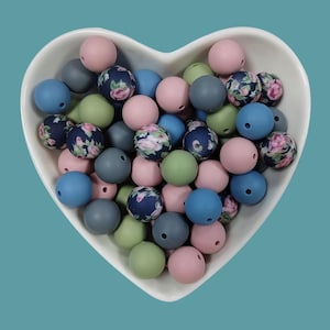 5 Color 15mm Silicone Round Beads Mix,Flower Print Silicone Beads,Silicone Beads Bulk,Charm Beads