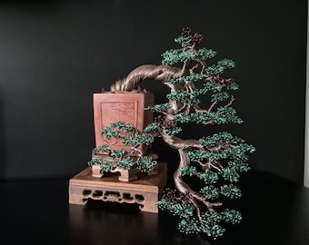 Art Wire Bonsai Tree Sculpture Green Leaves Brown Trunk 11inches Tall/ Perfect Gift /Home Decoration/ High Quality Art/ Tree no82