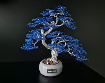 Art Wire Bonsai Tree Sculpture Blue Leaves And Silver Trunk 12 Inches Tall. Perfect For Special Occasions. High Quality Art/Tree no 81