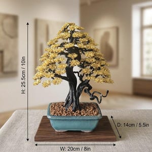 Handmade Wire Bonsai Tree Sculpture: Black Yellow Tree, Ornament Gift Home Decor, 10in