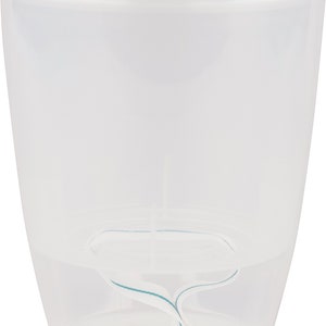 May include: A clear plastic self-watering planter with a white inner liner and a teal coloured water level indicator.