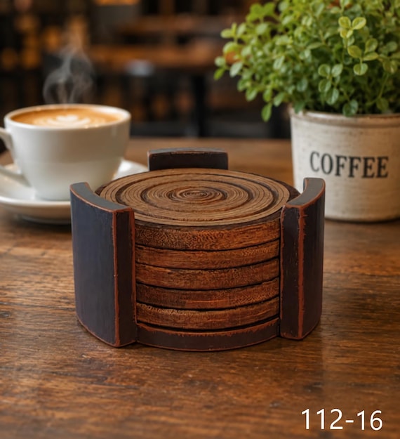 Vintage Bamboo Coaster Set With Holder, Stained Wood Drink Coasters Painted Holder