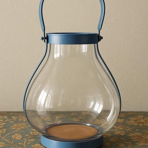 Vintage Blue Metal & Glass Lantern – Hand-Blown Globe, Rustic Patio or Indoor Decor