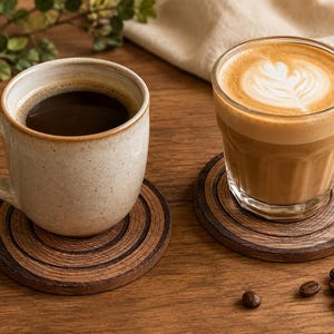 Pu&ograve; includere: Una tazza in ceramica color bianco sporco maculato riempita di caff&egrave; nero e un bicchiere trasparente contenente un latte macchiato con schiuma a forma di foglia, poggiati su sottobicchieri circolari in legno marrone scuro con venature.