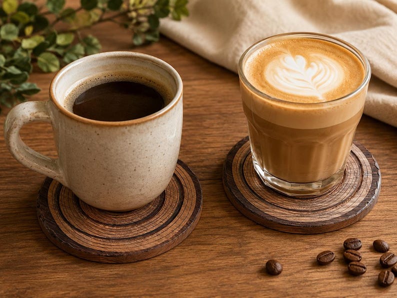 Pu&ograve; includere: Una tazza in ceramica color bianco sporco maculato riempita di caff&egrave; nero e un bicchiere trasparente contenente un latte macchiato con schiuma a forma di foglia, poggiati su sottobicchieri circolari in legno marrone scuro con venature.