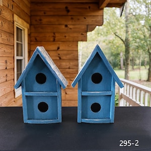 Set of 2 Vintage Blue Painted Birdhouses – Decoupage Roof – Rustic Cottage Decor