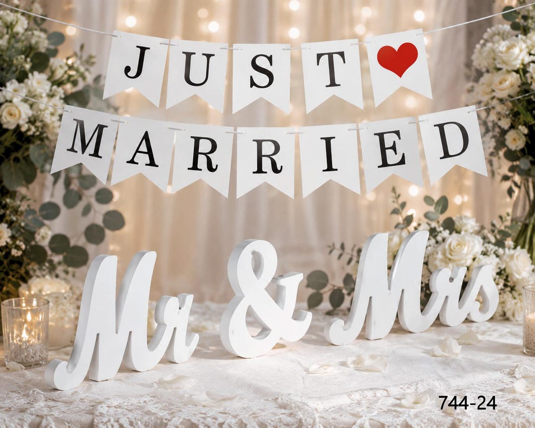 Mrs. With Script Under White Wooden Mr & Mrs Script Sign Set Wedding Table Decor With Heart ...