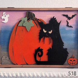 Layered Halloween Cat & Pumpkin Sign – Laser Cut Wood Wall Art – Framed Spooky Decor