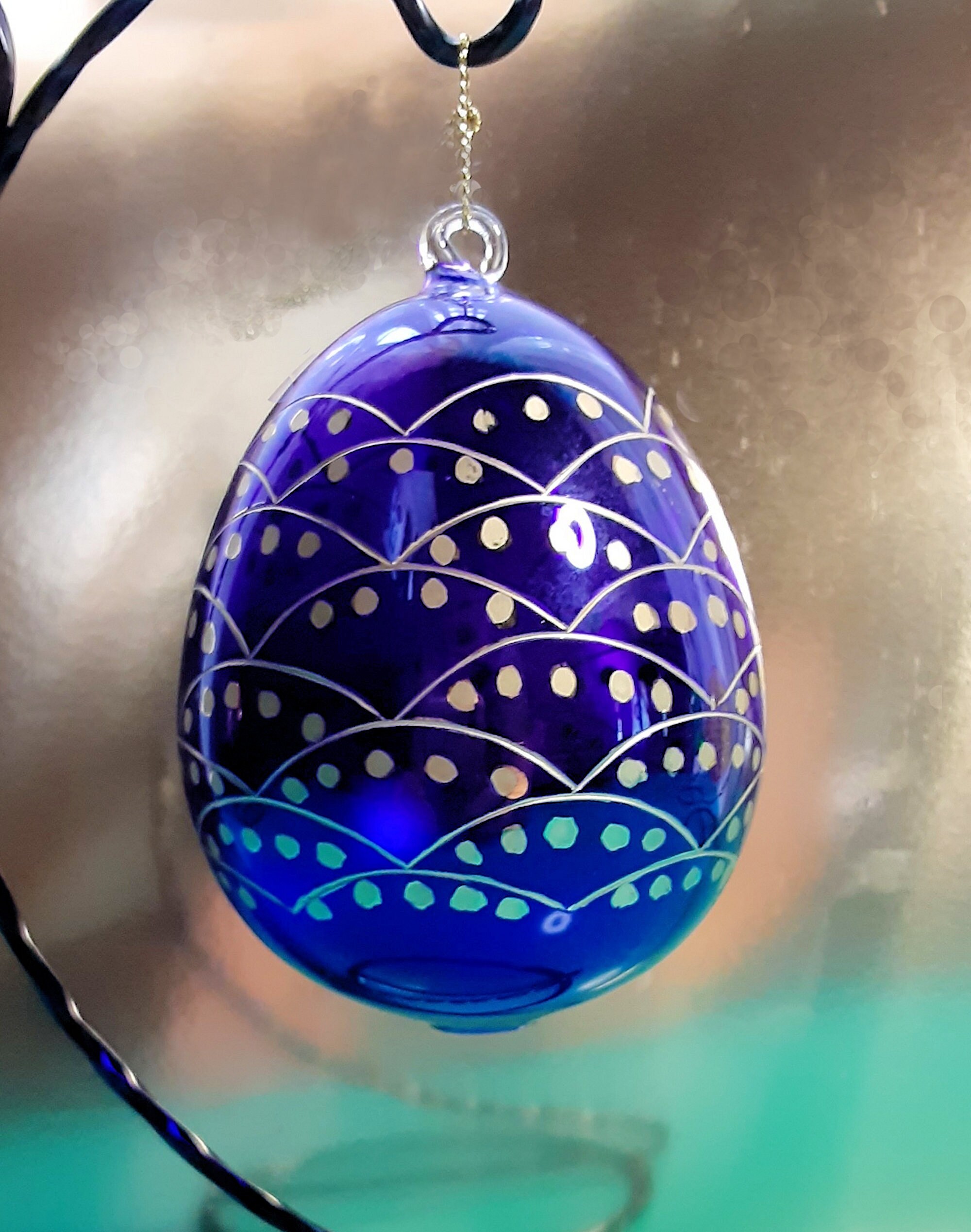 Four Hand Blown Glass Egg Ornaments, Red, Green Blue, Yellow, Display