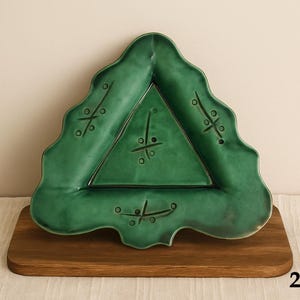Handmade Clay Christmas Tree Plate – Signed Artist Pottery – Green Ceramic Holiday Dish, 1997